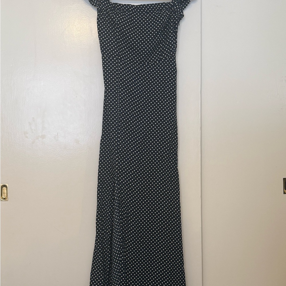 LULUS, Dream Love Navy Blue Polka Dot Off-the-Shoulder Maxi Dress - Picture 5 of 11